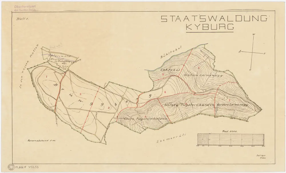 Kyburg, Töss, Illnau-Effretikon (damals Illnau), Schlatt: Staatswaldung: Kyburg: Lootobel (Lohtobel), Hintere und Vordere Leimenegg, Untere und Obere Tutschgenhalden (Tugsteinhalden), Brünggberg, Schlosswald; Grundriss (Blatt 1)