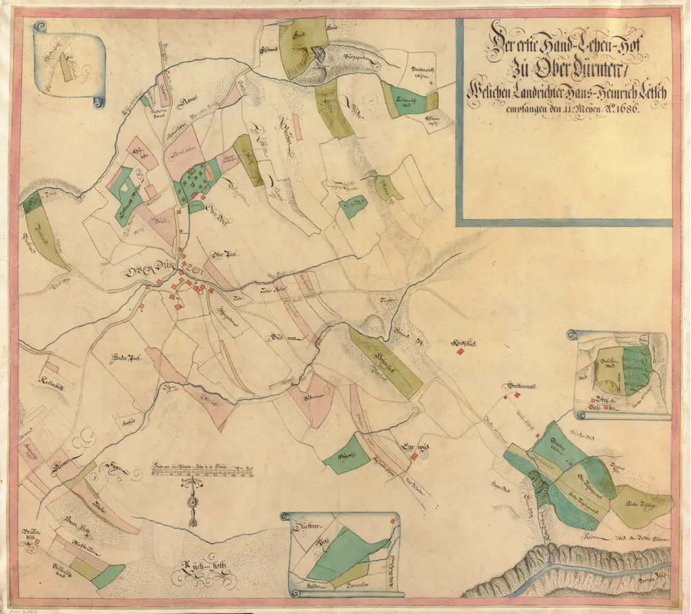 Rüti, Dürnten, Bubikon, Wald, Goldingen SG: Grundriss und Beschreibung der Güter, Waldungen und Handlehen des Amts Rüti sowie der beiden Alpen Scheidegg und Boalp (ältere Schreibweise: Poo-Alp), Band I: Seite 130: Erster Handlehenhof zu Oberdürnten; Grundriss