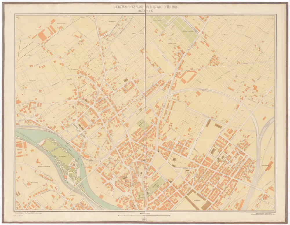Übersichtsplan der Stadt Zürich und der umliegenden Gemeinden in 23 Blättern: Blatt IX: Teile von Enge, Wiedikon und Aussersihl