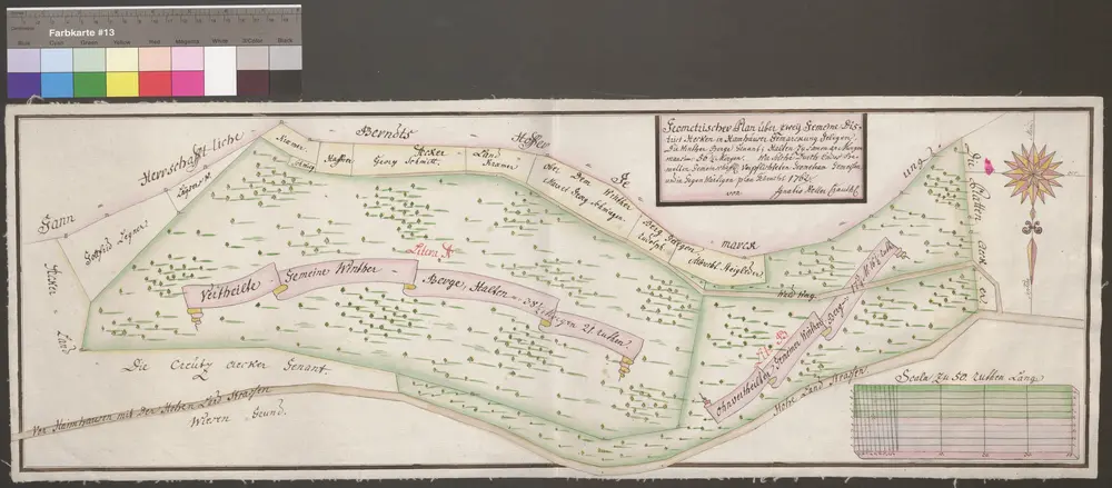 HZAN GA 100_Nr. 97_ : Heimhausen (Kr. Künzelsau); "Geometrischer Plan über zwei Distrikt ... in Heimhausener Markung gelegen";Ignatz Keller, Krautheim;50 Ruten = 15 cm;73,5 x 24,5 cm; Norden unten;Papier auf Leinwand; Federzeichnung; Wald und Fluren in Wasserfarben.