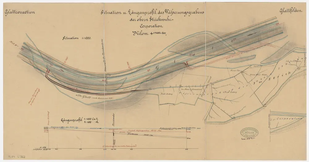 Glattfelden: Oberes Strickwehr, projektierter Wässerungsgraben der oberen Strickwuhrkorporation; Situationsplan und Längsprofil (Glatt-Gebiet Nr. 32)