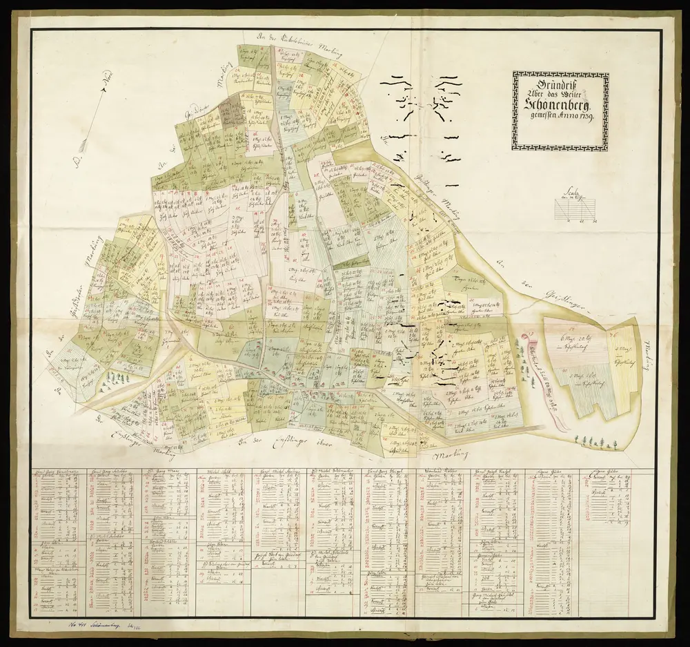 HZAN GA 100_Nr. 364_ : Schönenberg (Kr. Schwäbisch Hall)  [Gemeinde];ohne Verfasser;30 Ruten = 5,4 cm;88 x 82,5 cm; Norden oben;Papier; Federzeichnung; Fluren, Wälder und Siedlungen in Wasserfarben; Grundstücke nummeriert und mit Meßgehalt; unten Verzeichnis der Besitzer mit Grundbesitz.