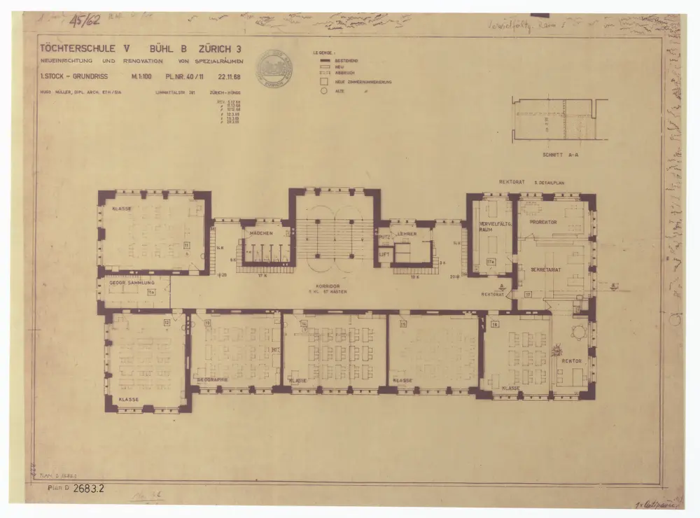 Töchterschule V Bühl B, Zürich-Wiedikon: Neueinrichtung und Renovation von Spezialräumen: 1. Stock; Grundriss und Schnitt A-A