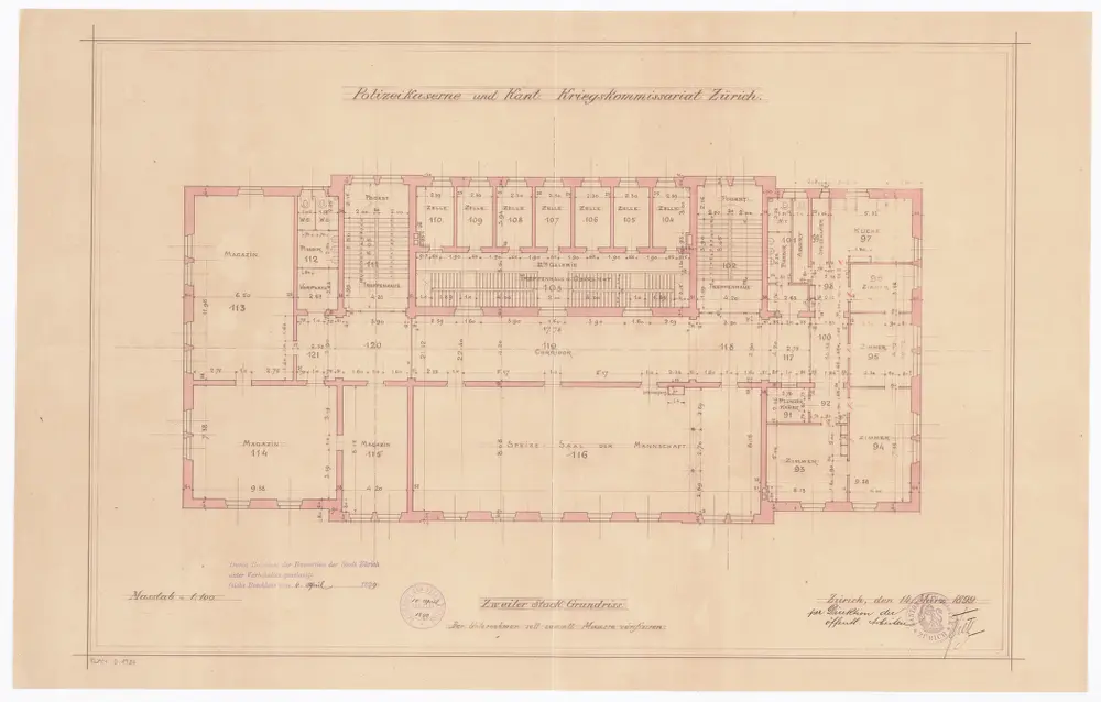 Polizeikaserne und kantonales Kriegskommissariat: 2. Stock; Grundriss