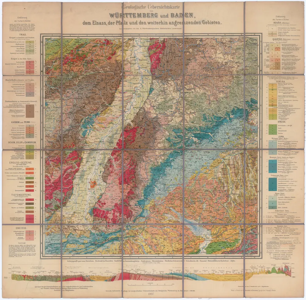 Geologische Uebersichtskarte von Württemberg und Baden, dem Elsass, der Pfalz und den weiterhin angrenzenden Gebieten