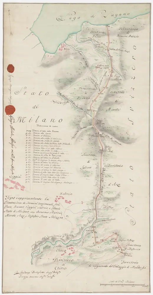 Strittige Grenze zwischen der Schweiz und dem Herzogtum Mailand bei Brusino, Arsizio, Merete, Arzo, Besazio, Porto, Besano, Saltrio und Clivio; Grundriss