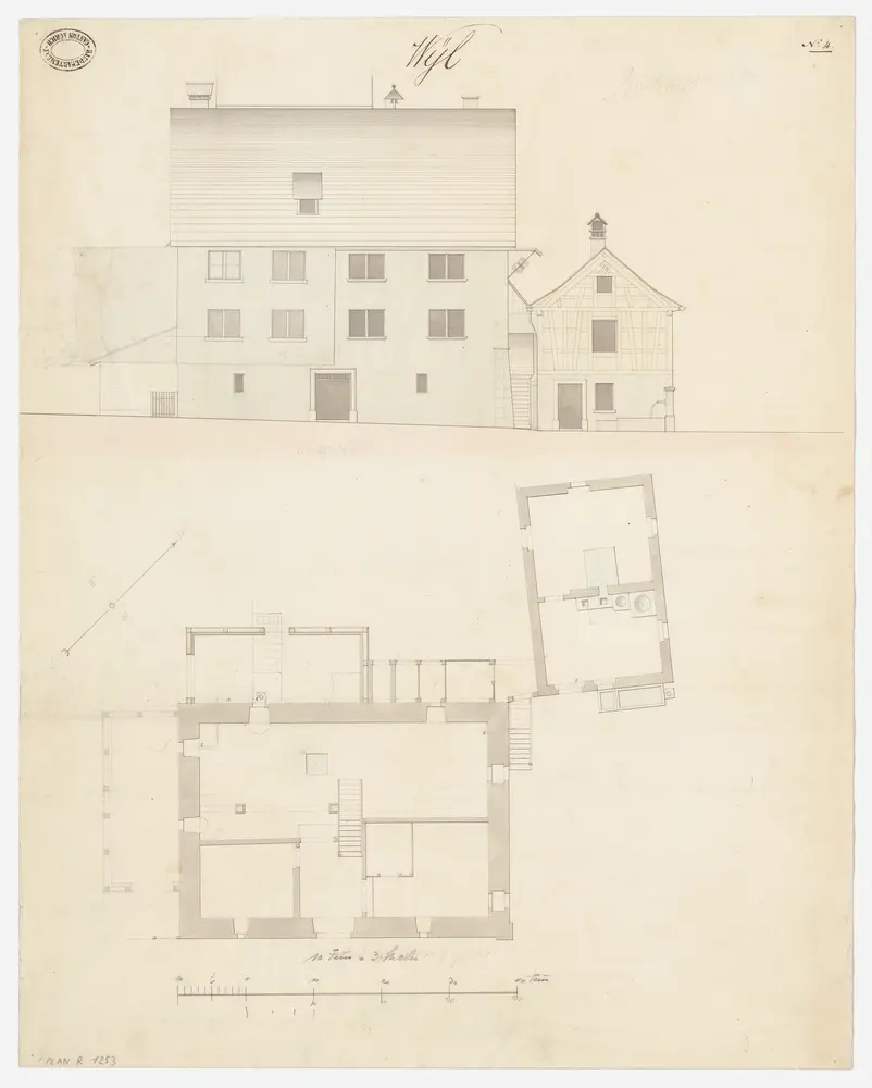 Wil: Pfarrhaus mit Wasch- und Holzhaus; Grundriss des Kellers und Südostansicht (Nr. 4)