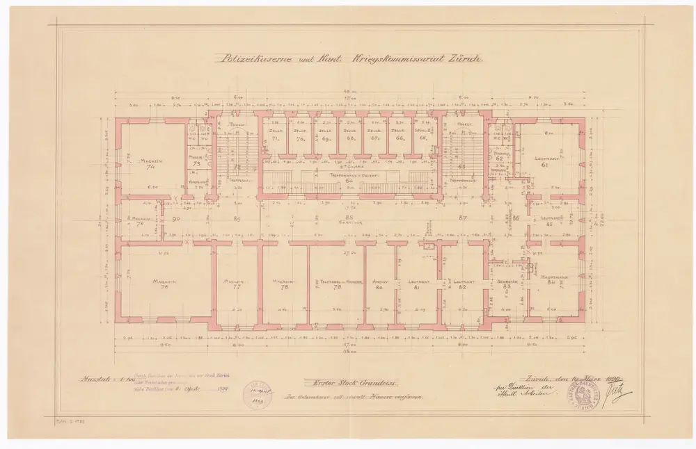 Polizeikaserne und kantonales Kriegskommissariat: 1. Stock; Grundriss