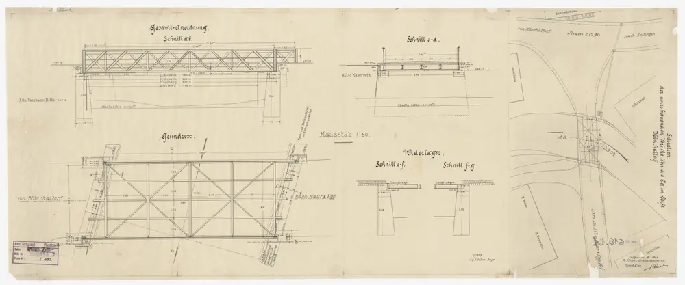 Mönchaltorf, Seegräben: Brücken über den Aabach: Vor dem Fahrbahnumbau; Situationsplan, Grundriss und Schnitte