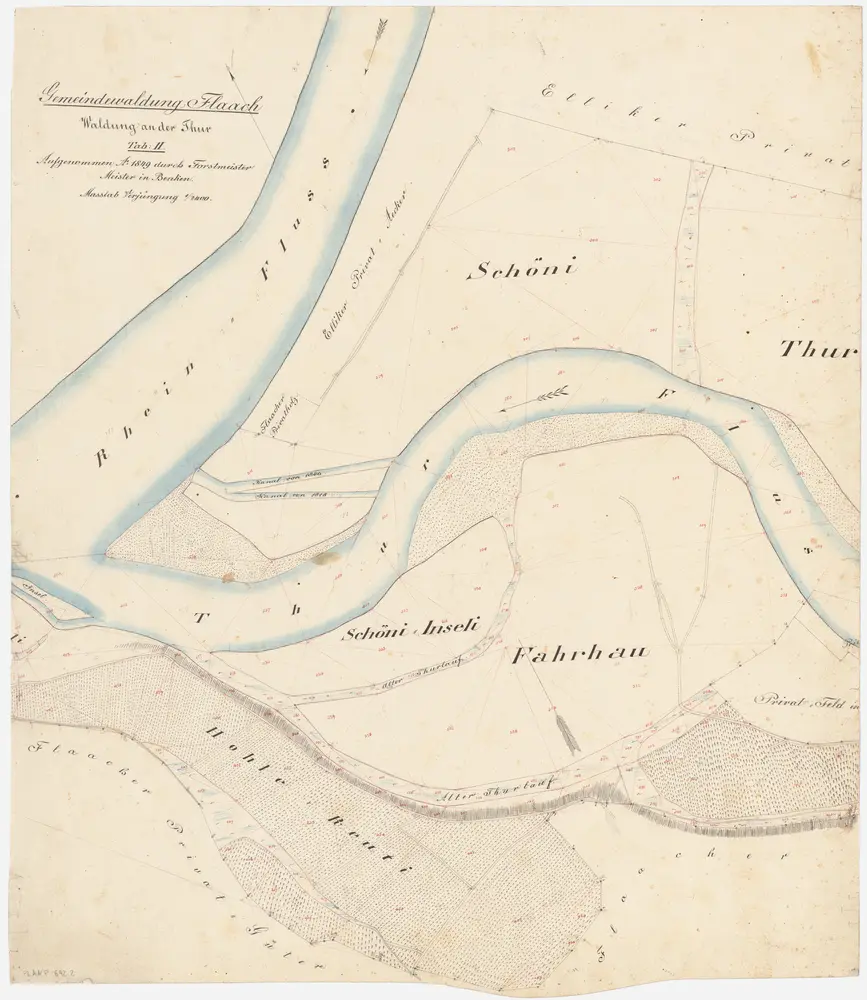 Flaach, Volken, Kleinandelfingen: Gemeindewaldung Flaach: Flaach: Farhau (Fahrhau), Schöni, Schöni Inseli, Hohle Reuti; Grundriss (Tab. II)