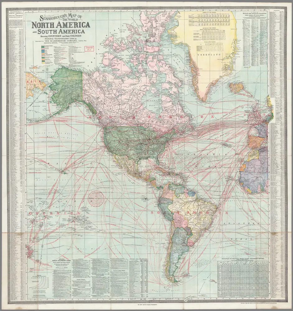 Scarborough's map of the world, North America and South America, shewing countries and their colonies, principal transportation lines, etc.