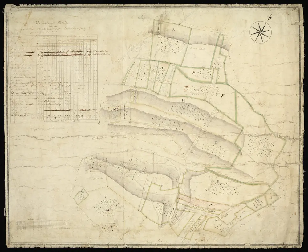 HZAN GA 100_Nr. 46_ : Crispenhofen; "Crispenhöfer Forst";ohne Verfasser; 60 Ruten = 14 cm;82,5 x 67,5 cm;Papier auf Leinwand; Federzeichnung mit Schraffen; Waldstücke und Grenzen in Wasserfarben;Einteilung der Revierstücke mit Buchstaben bezeichnet; Flurnamen und Bewachsung.