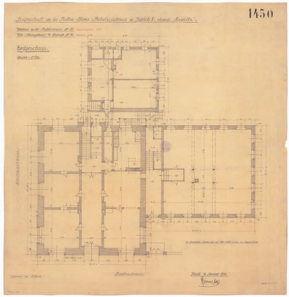 Physikalisches Institut, Wohnhaus und Hintergebäude, ehemals Magneta, Platten-, Gloria- und Pestalozzistrasse: Erdgeschoss; Grundriss