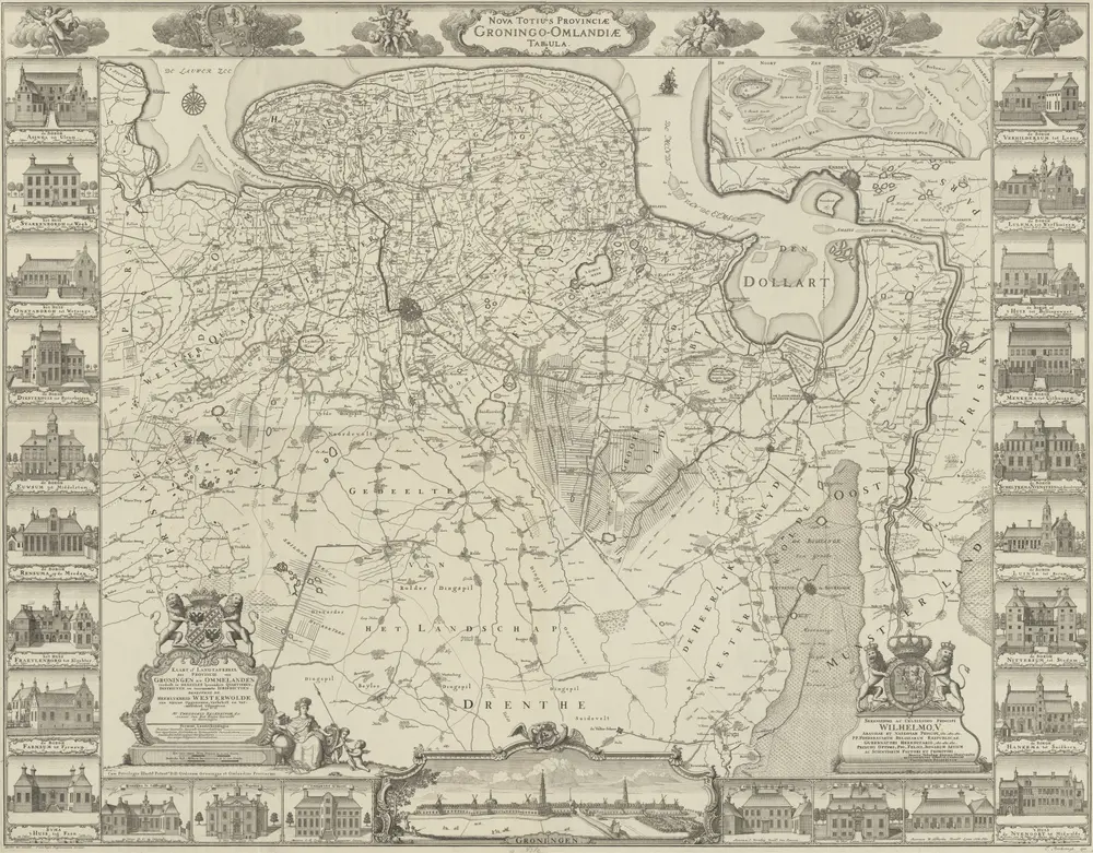 Kaart of landtafereel der provincie van Groningen en Ommelanden verdeelt in deszelfs byzondere quartieren, districten en voornaamste iurisdictien, beneffens de Heerlykheid Westerwolde