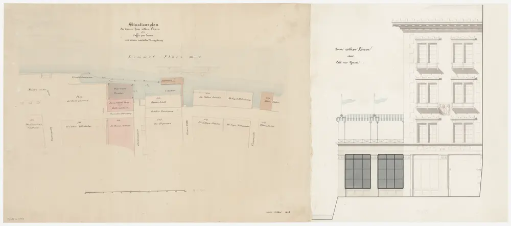 Zürich: Rechtes Limmatufer, Haus zum roten Löwen (Café zur Gerwe); Situationsplan und Ansicht (Zürichsee-Abfluss Nr. 25)