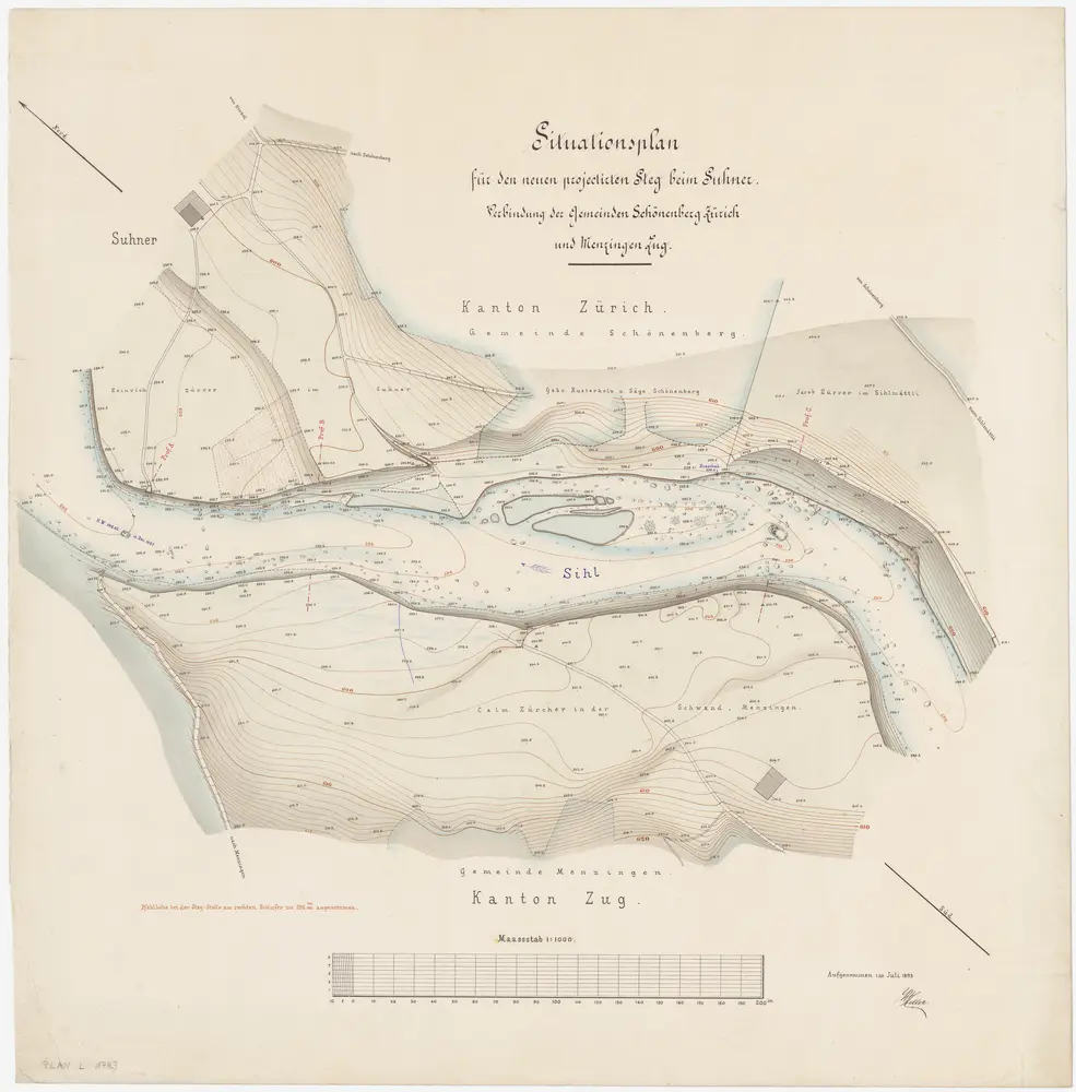 Menzingen ZG, Schönenberg: Sihl oberhalb des projektierten Stegs beim Suhner; Situationsplan