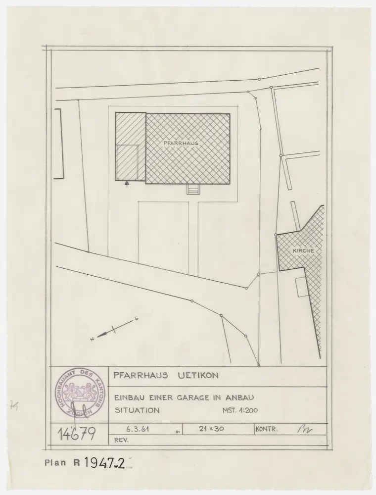 Uetikon am See: Pfarrhaus, Garageneinbau: Pfarrhaus und Umgebung, Garageneinbau; Grundriss