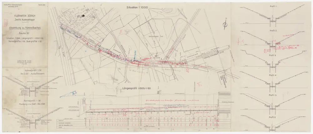 Kloten bis Bachenbülach: Himmelbach und Saumgraben, Verlegung und Eindolung; Situationsplan, Normalprofile, Längsprofil und Querprofile