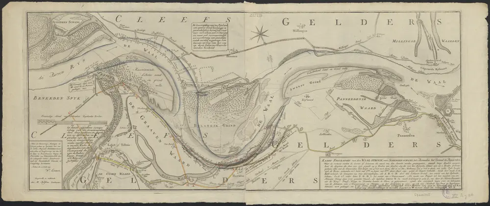 Kaart figuratief van den Waal-stroom, van Schenken-schans tot beneeden het Canaal te Pannerden : waar in vertoont werden de oevers of schaaren die meest van den stroom werden geattaqueert; staande langs dezelve aangetekent de dieptens die daar voor zyn gepeilt ... met welke pyls hoogte sigh de rivier vertoonden in 't laast van 7bris en begin van 8bris deses jaars 1751 ... op deeze meede afgetekent inlaagdyk voor Herwen van 1752 en bleeswerk van 1753 ... en wat nog diende verlangt te worden 1754 ...