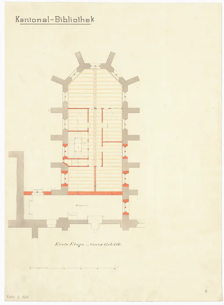 Kantonsbibliothek im Predigerchor: 1. Stock, neues Gebälk; Grundriss (Nr. 6)