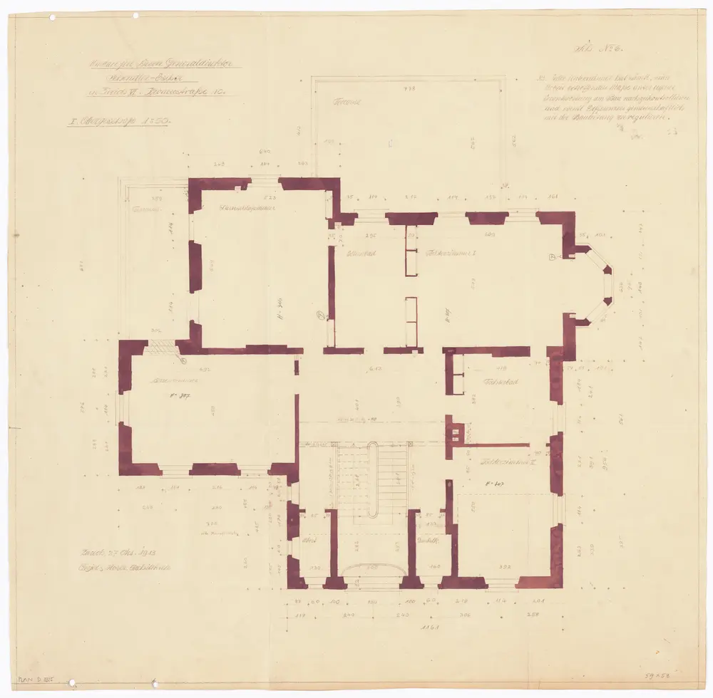 Schindlergut Zürich 6, Liegenschaft Kronenstrasse 10: Umbau für Generaldirektor Schindler-Escher; 1. Obergeschoss; Grundriss