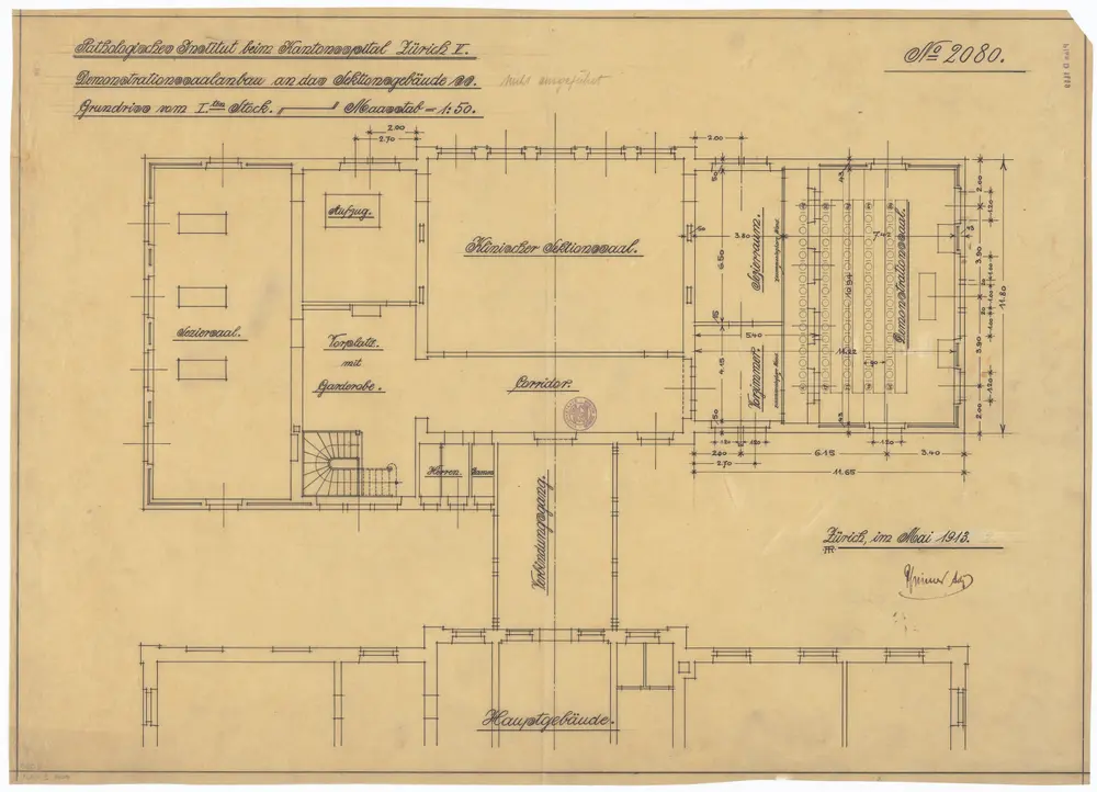 Pathologisches Institut, Demonstrationssaalanbau an das Sektionsgebäude: 1. Stock; Grundriss (Nr. 2080)