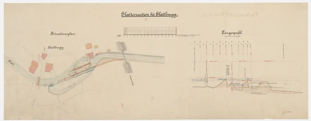 Opfikon: Oberhalb der Brücke in Glattbrugg bis zur Eisenbahnbrücke in Glattbrugg, Glattkorrektion A, 1877/1878 ausgeführtes Projekt; Situationsplan und Längsprofil