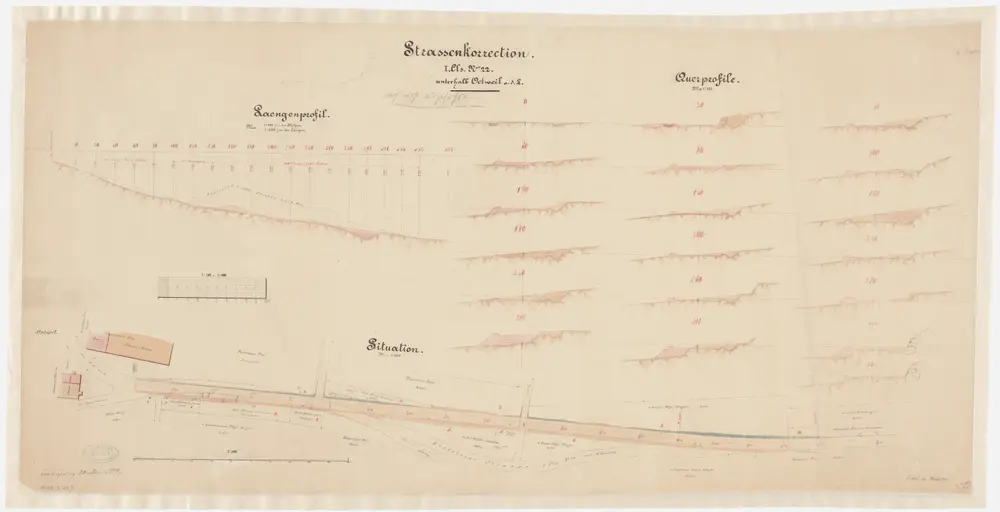 Oetwil an der Limmat: Strassenkorrektion unterhalb des Dorfes; Situationsplan, Längsprofil und Querprofile