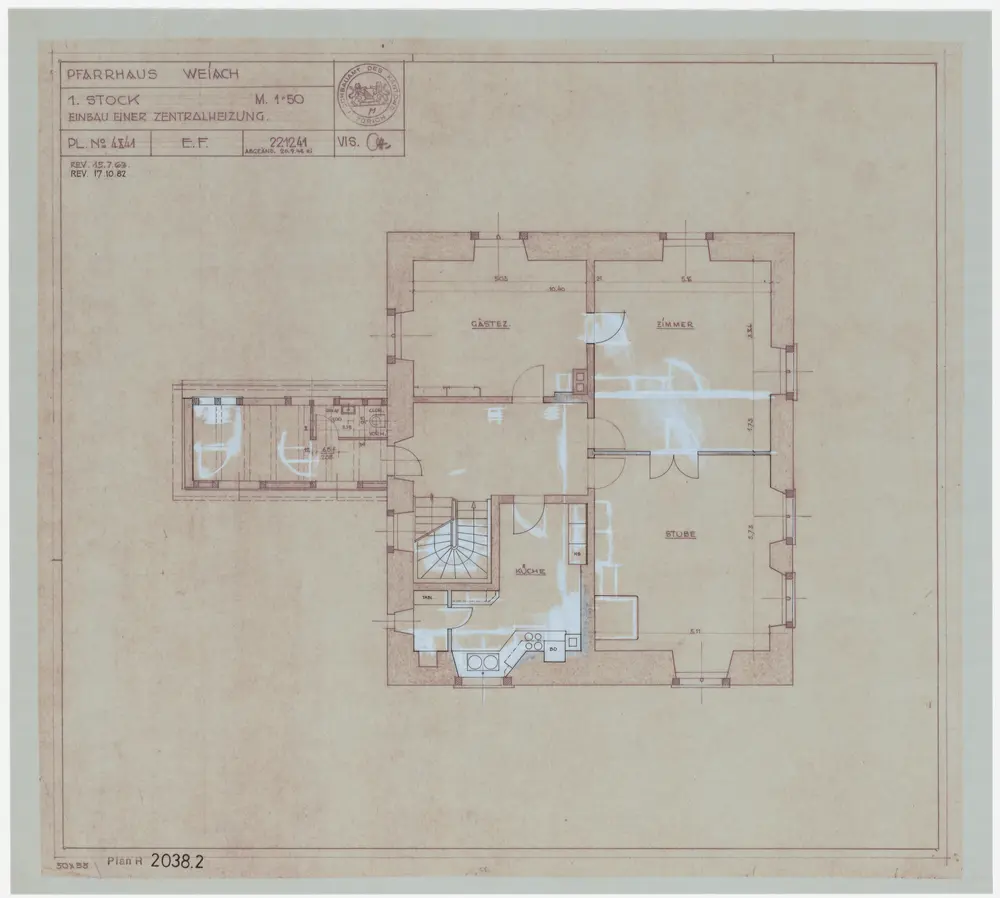 Weiach: Pfarrhaus, Einbau einer Kaminanlage und einer Zentralheizung: Einbau einer Zentralheizung, 1. Stock; Grundriss