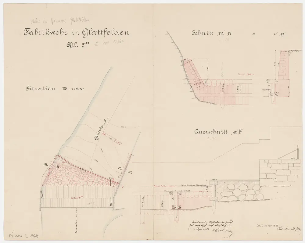 Glattfelden: Projekt zum Wehr der Spinnerei (Fabrikwehr); Situationsplan, Schnitt, Querschnitt (Glatt-Gebiet Nr. 65)