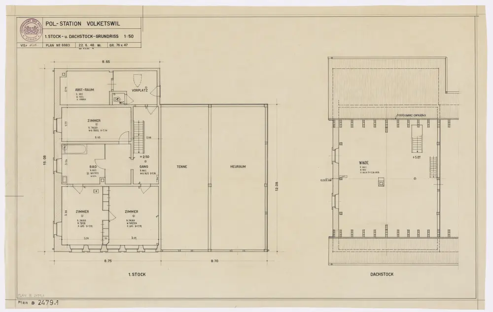Volketswil: Polizeistation, 1. Stock und Dachstock: Variante 1; Grundrisse