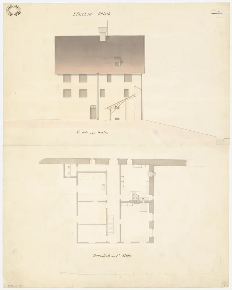 Bülach: Pfarrhaus; Westansicht und Grundriss des 1. Stocks (Nr.7)