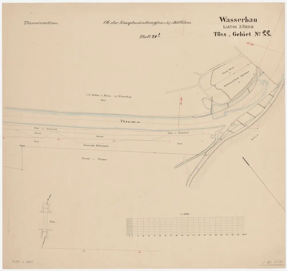 Pfungen, Neftenbach: Von Wani bis zum Wehr in Neupfungen, Tösskorrektion; Situationsplan (Töss-Gebiet Nr. 22, Blatt 21 b)