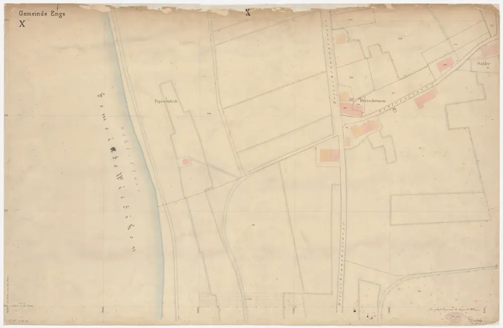 Enge: Gemeinde; Katasterpläne und Kataster-Ergänzungspläne: Blatt X: Gegend bei Papierfabrik, Dreischeunenstrasse, Gablerstrasse und Sihl; Situationsplan