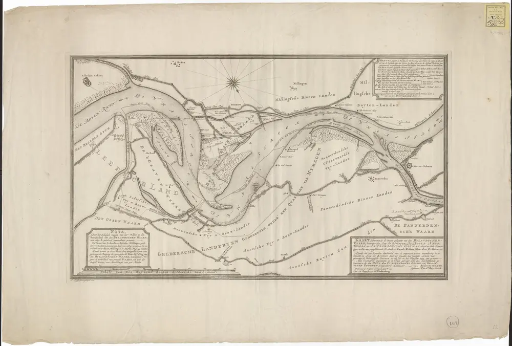 Kaart, vertoonende de waare gedaante van den Bylandschenwaard, benevens den loop der rivieren: De boven Rhyn, Whaal, en Pannerdensche canaal ...: zynde tot een klaarder denkbeeld van de ongemeen groote verandering in de situatie en loop der riviere daar t