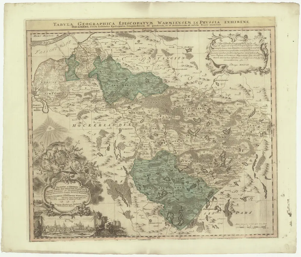 Tabvla geographica episcopatvm Warmiensem in Prvssia exhibens, Heilsberg, solita habitatio episcopalis, longitudinem 38. graduum, et 16. minutorum ab insula Ferro numerat