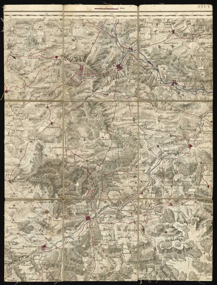 HStAS N 100_Nr. 347_ : "Carte topographique de l'Ancienne Souabe et d'une portion des pays limitrophes / commencée en 1801 par les soins du général Moreau ; exécutée au Dépôt de la Guerre, à l'Echelle d'un Mètre pour 100.000 Mètres et publiée par autorisation de Sa Majesté, sous le Ministère de S.E.M. le Marquis de Gouvion Saint-Cyr"