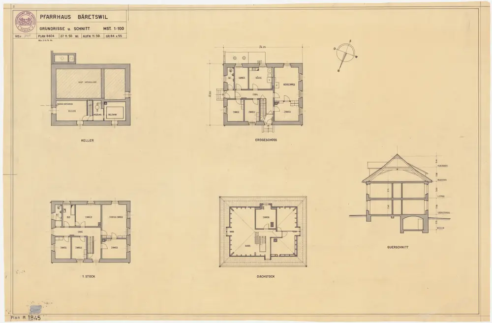 Bäretswil: Pfarrhaus; Grundrisse des Kellers, Erdgeschosses, 1. Stocks und Dachgeschosses und Querschnitt