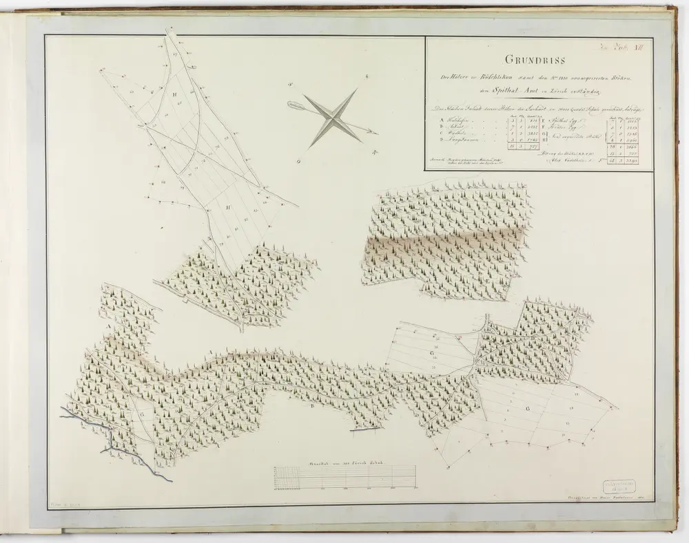 Verschiedene Gemeinden: Sämtliche dem Spital Zürich gehörende Waldungen und Lehenhölzer; Grundrisse: Hölzer zu Rüschlikon samt den 1810 neu akquirierten Stücken