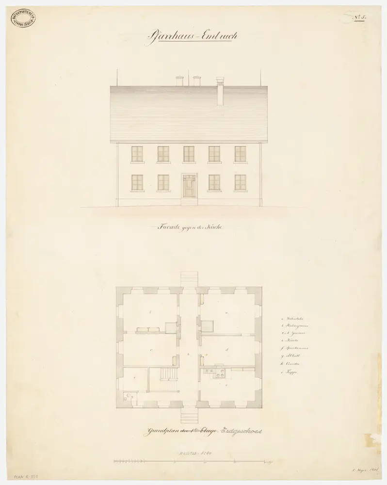 Embrach: Pfarrhaus; Ansicht und Grundriss des Erdgeschosses (Nr. 5)