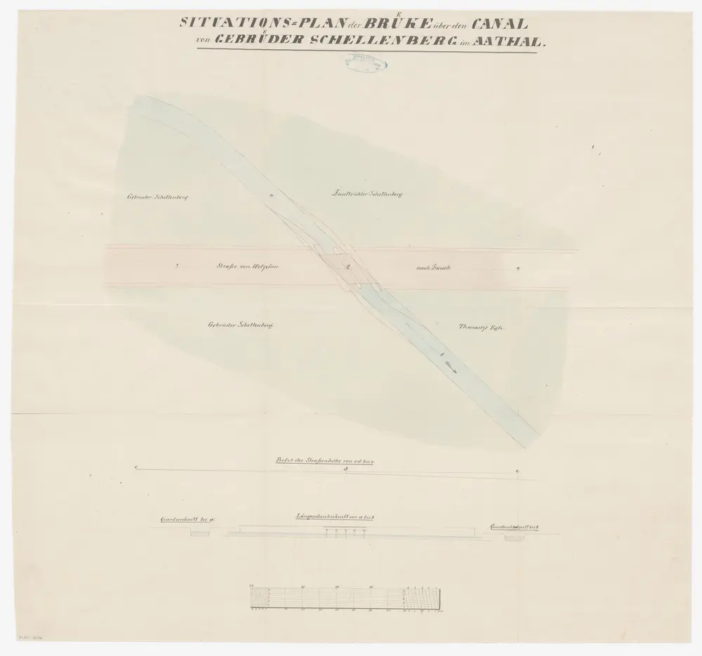 Seegräben: Doppelbrücke über den Mühle-Kanal der Gebrüder Schellenberg in Aathal; Grundriss und Schnitte