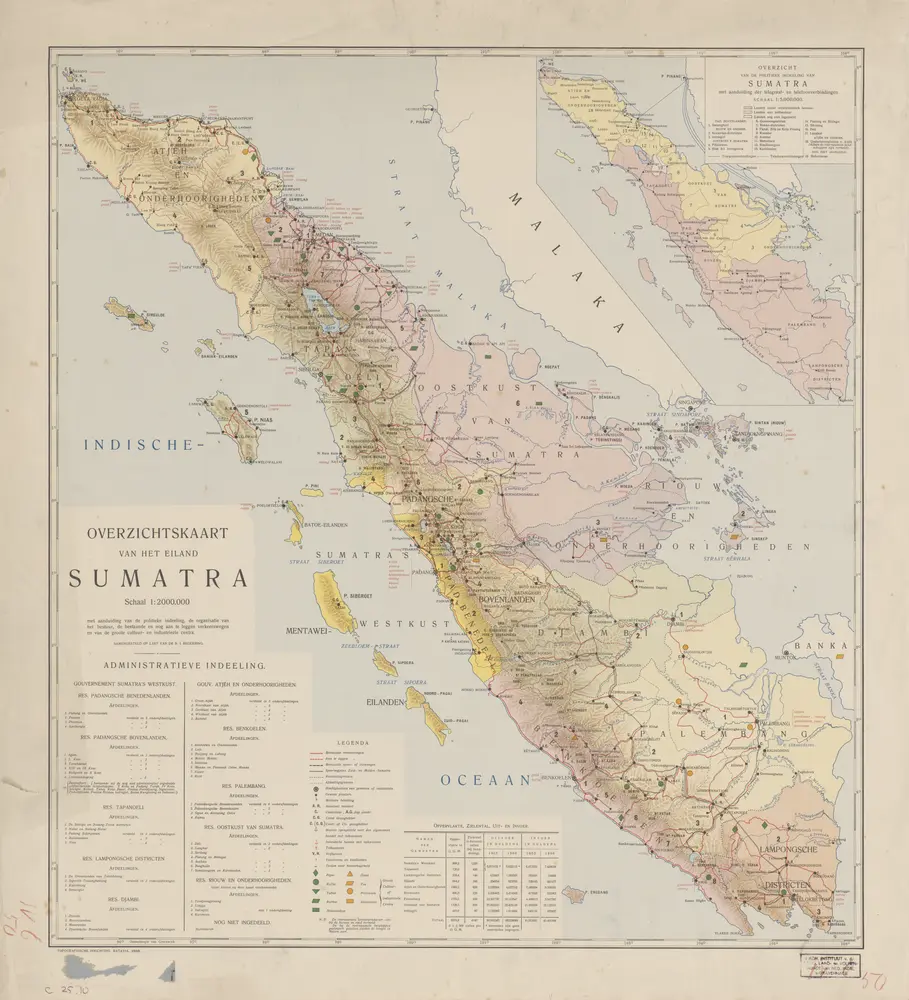 Overzichtskaart van het eiland Sumatra : met aanduiding van de politieke indeeling, de organisatie van het bestuur, de bestaande en nog aan te leggen verkeerswegen, de groote cultuur- en industrieele centra en van de vindplaatsen van mineralen / samengest. op last van de N.I. Regeering [door de Topographische Inrichting]