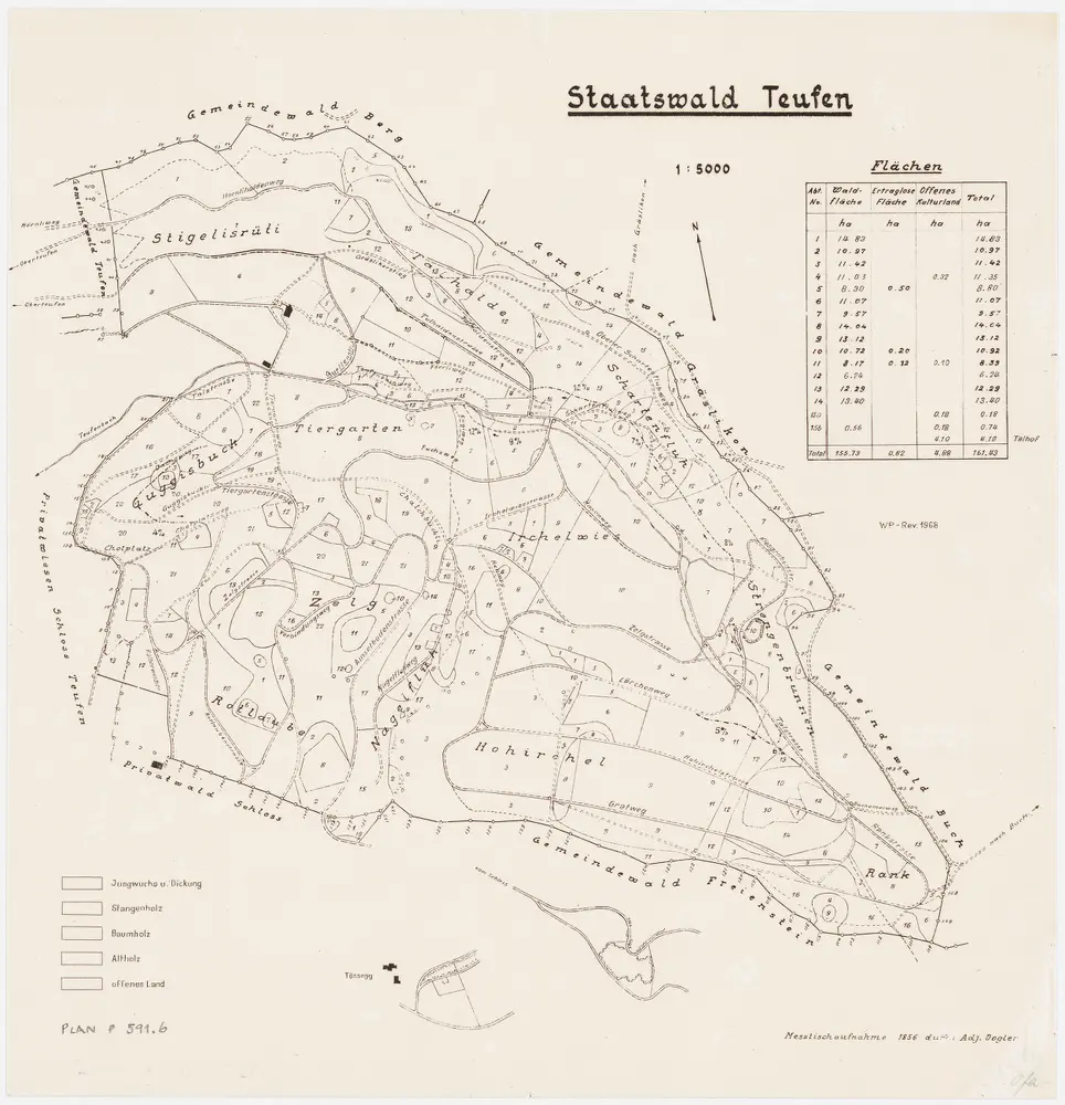 Freienstein-Teufen: Staatswaldung Teufen: Hörnlihalden, Guggisbuck, Langwiese, Zelg, Tiergarten, Junkerental, Irchelwies, Forenirchel, Nagelfluh, Hohirchel, Rank, Strengenbrunnen, Schartenfluh, Talhalden, Stigelisrüti; Übersichtsplan