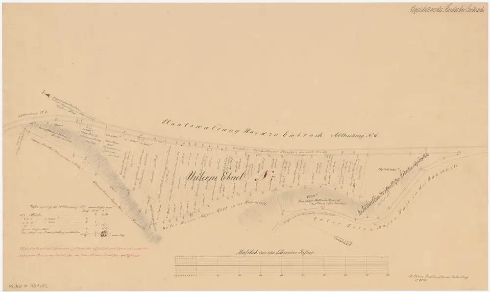 Embrach: Staatswaldung: Vom Staat im Oktober 1856 versteigerte Parzellen in Unterm Ebnet westlich der Landstrasse von Weiach nach Winterthur; Grundriss