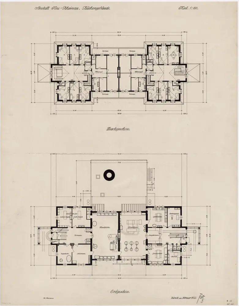 Pflegeanstalt Neu-Rheinau: Küchengebäude, Erd- und Dachgeschoss; Grundrisse