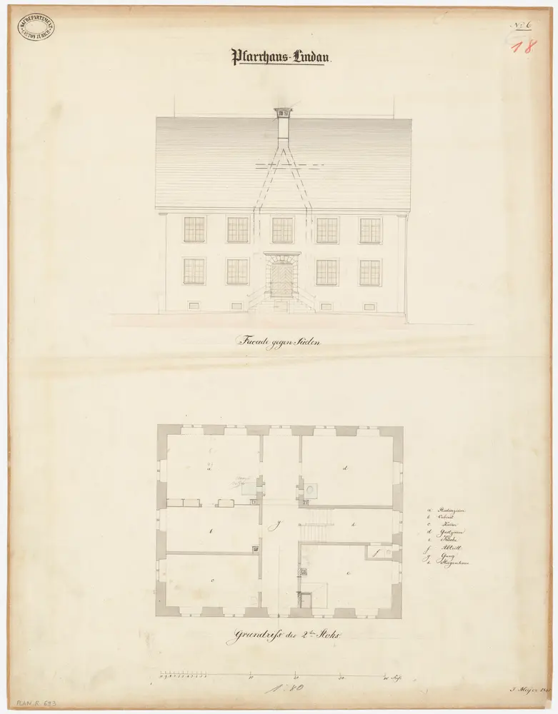 Lindau: Pfarrhaus; Südansicht und Grundriss des 2. Stocks (Nr. 18)