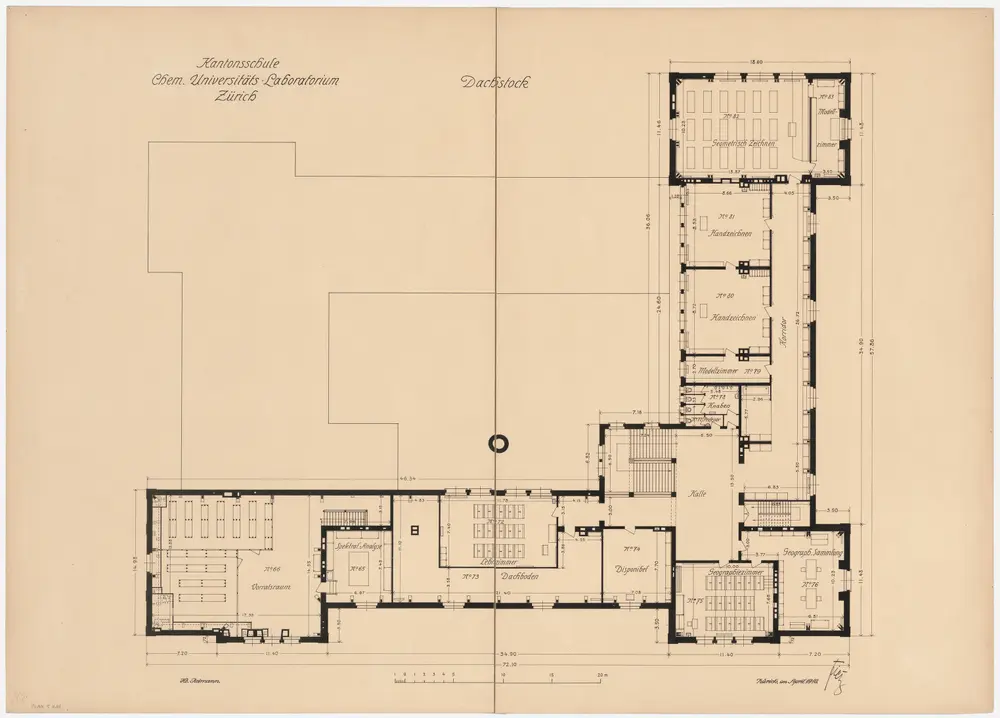 Zürich: Kantonsschule und Chemisches Institut der Universität; Projektausführung; Dachgeschoss; Grundriss