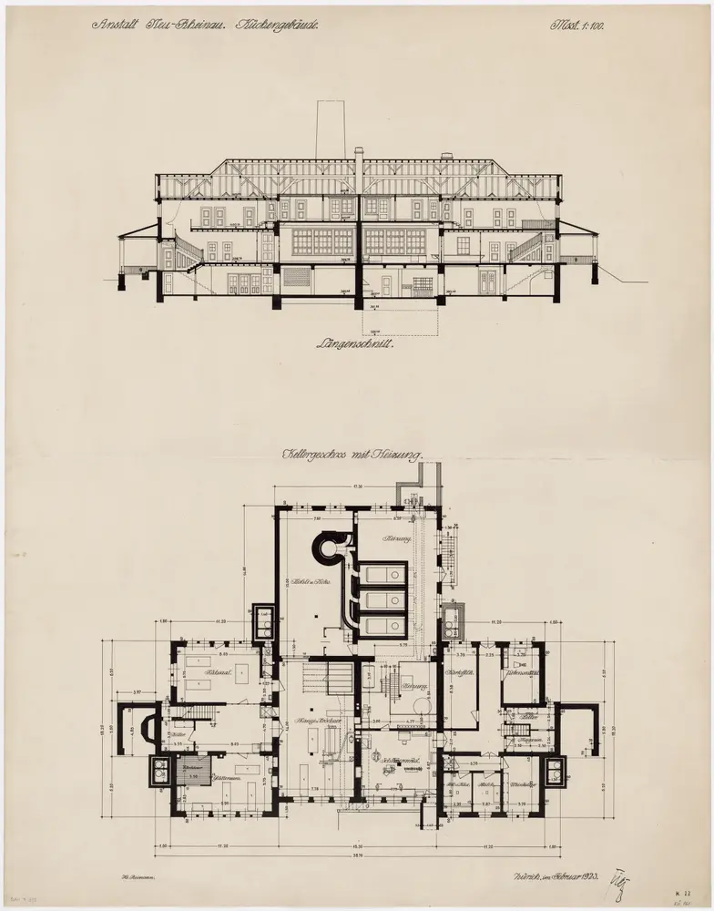 Pflegeanstalt Neu-Rheinau: Küchengebäude; Grundriss und Längsschnitt
