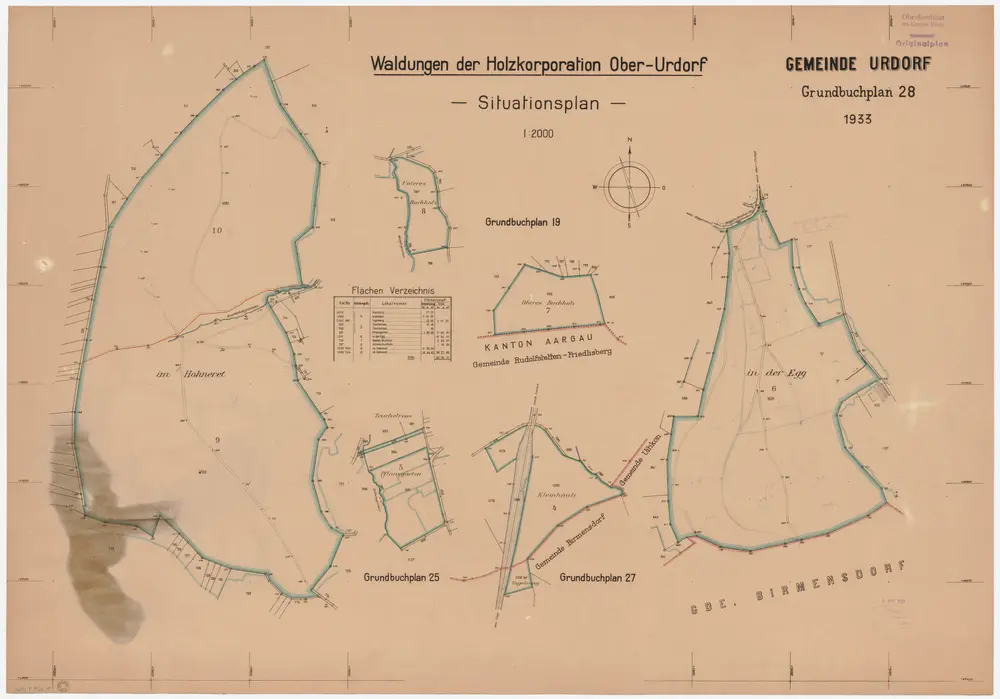 Urdorf: Gemeinde- und Genossenschaftswaldungen Oberurdorf: Oberurdorfer Genossenschaftswaldung mit Honeret (Hohneret), Buechholz (Buchholz), Pflanzgarten, Chlihäuli (Kleinhäuli), Egg; Grundrisse