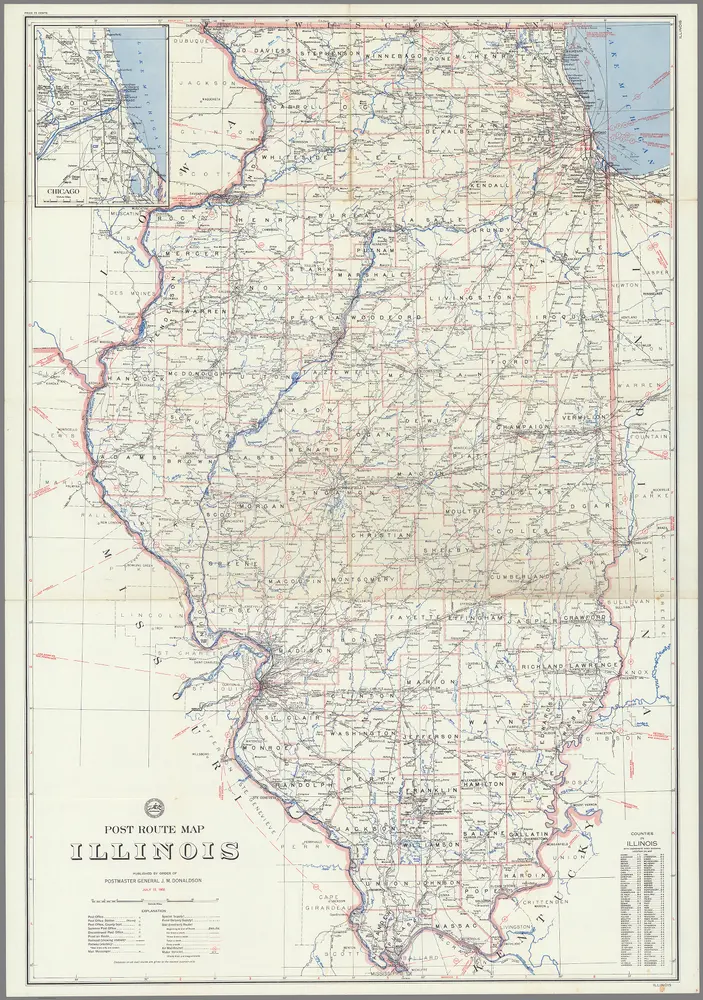 Post Route Map of the State of Illinois Showing Post Offices ... July 15, 1952.